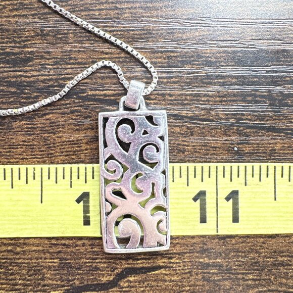 Sterling Silver 925 Scroll Design Rectangle Pendant Necklace Size 21.5" Length - Picture 13 of 14